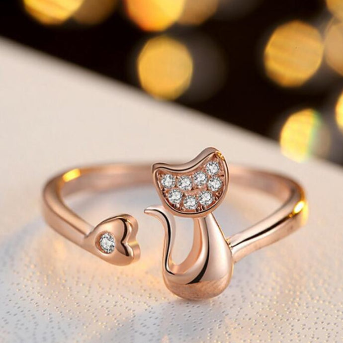 Cat Crystal Charm Ring