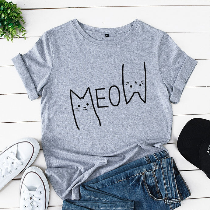 Meow Cat Print T-shirt