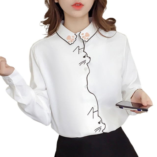 White Cat Embroidered Blouse
